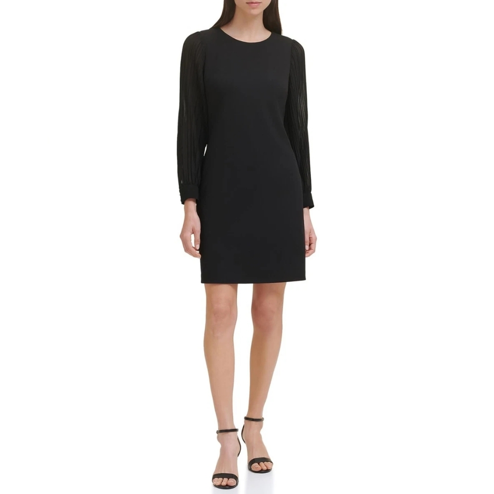 NWT Tommy Hilfiger Womens Black Crepe Chiffon Long Sleeve Sheath Dress Petite 8P